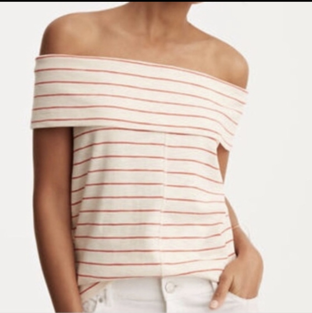 Lou & Grey Beige Red Stripe Off Shoulder Tank Blouse